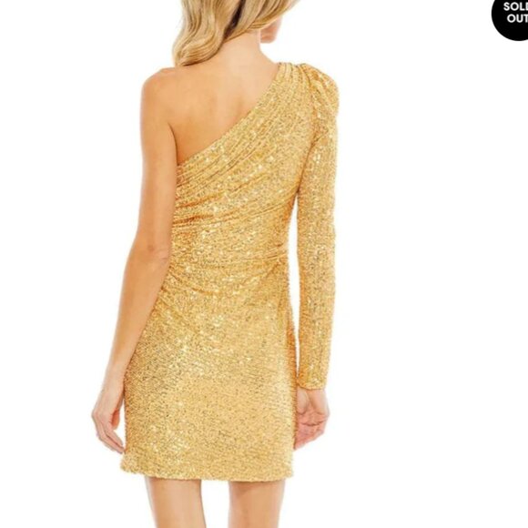 NWT Ieena for Mac Duggal 26977 One Sleeve Sequin Gold Asymmetric Mini size 8/10 - Picture 2 of 7